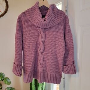 Talbots Purple Wool Blend Cowl Neck Knit Cable Knit Sweater, Size Large Petite